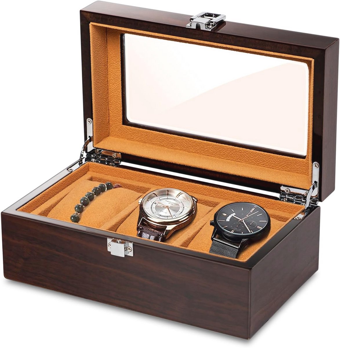 Watch box voor 3 horloges met glazen deksel en 3 afneembare horhouder, display opslag en organizer
