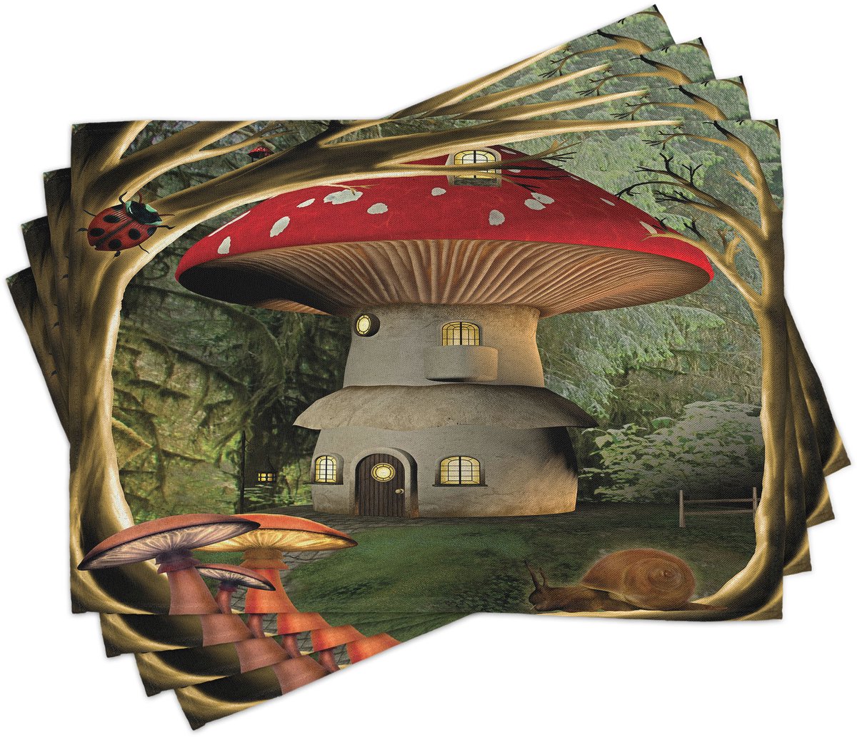 ABAKUHAUS Paddenstoel-placemats: Shroom-huis in het betoverde bos met lieveheersbeestje en slak – wonderlijke boom; Tiscjdeco uit kleurvast stof voor eetkamer en keuken; Bleek koffie, Groen, Rood