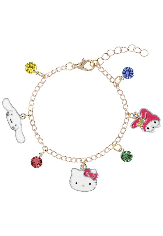 Gouden bedelarmband met Hello Kitty, My Melody, Cinnamoroll en gekleurde strass-steentjes.