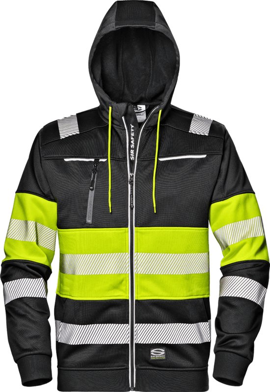 Zwarte hoodie met capuchon, neongele en zilveren reflecterende strepen op de mouwen en borst. Ritssluiting en ritszak op de borst.