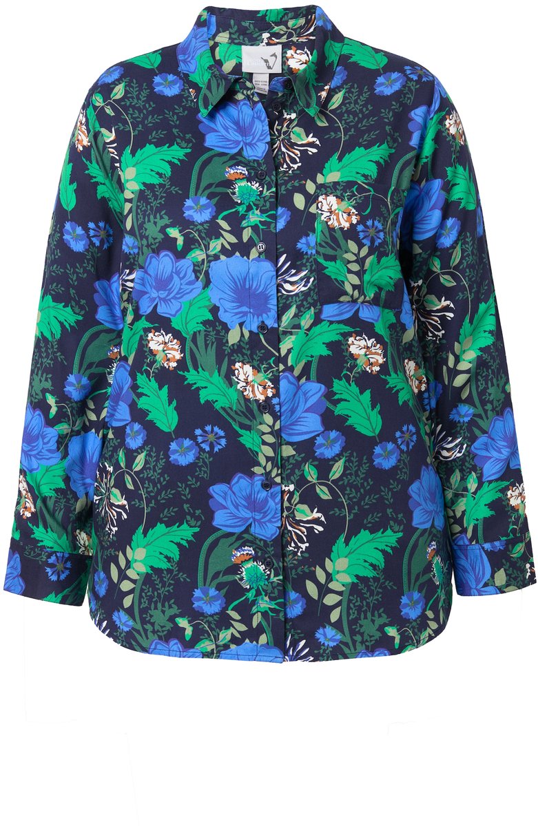 Ulla Popken - Dames - Overhemdblouse landhuisprint overhemdkraag lange mouwen - Zwart - Maat 62+