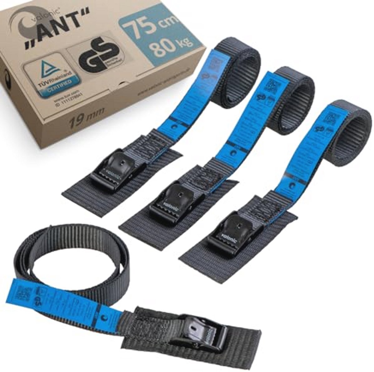 Short Lashing Straps 19 mm - 4 x 75 cm Padded TÜV Certified - 80 kg Clamp Lock for Bicycle Carrier and Roof Box