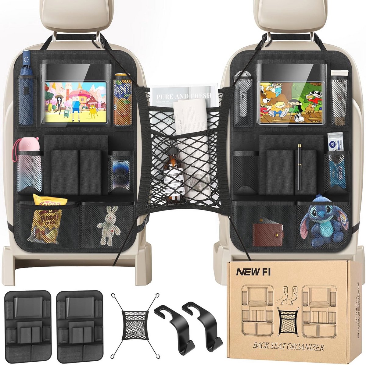 Auto Organizer achterbank met 20 opbergzakken, zitnet en touchscreen tablethouder