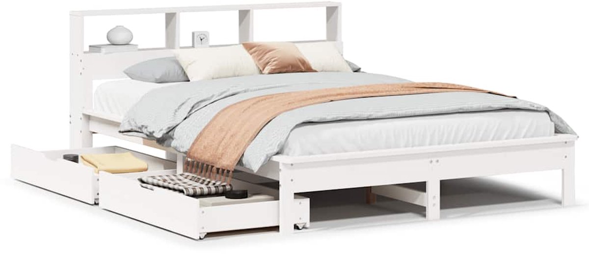 Tweepersoonsbed | Dubbelbed | Volwassenenbed | Bed met boekenkast zonder matras grenenhout wit 135x190 cm