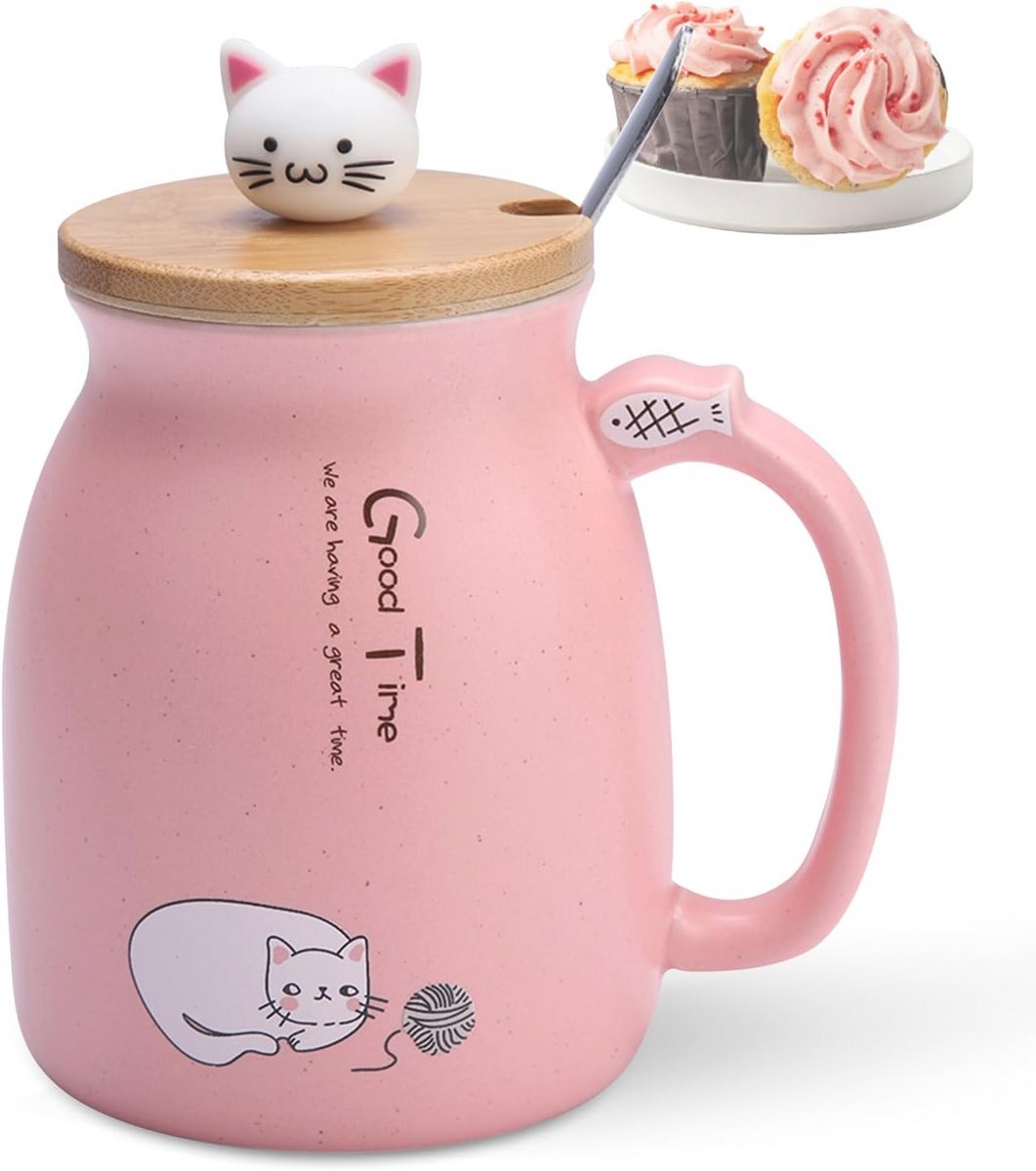 Koffiemok met Deksel en Lepel - 420ml Keramische Koffiekop voor Kantoor en Thuis