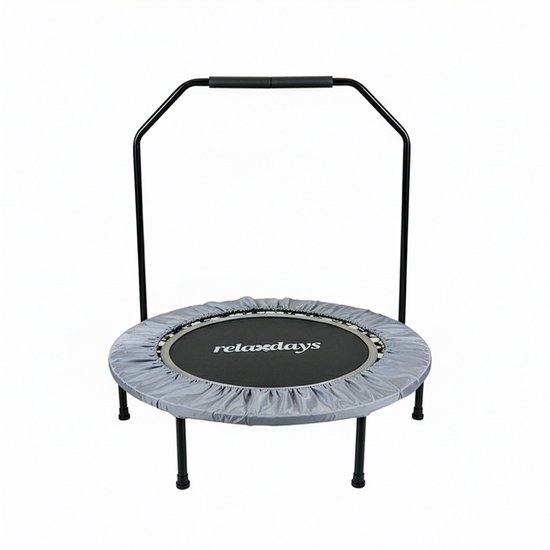 Grijze fitness trampoline met handvat en 'relaxdays' logo op de mat.