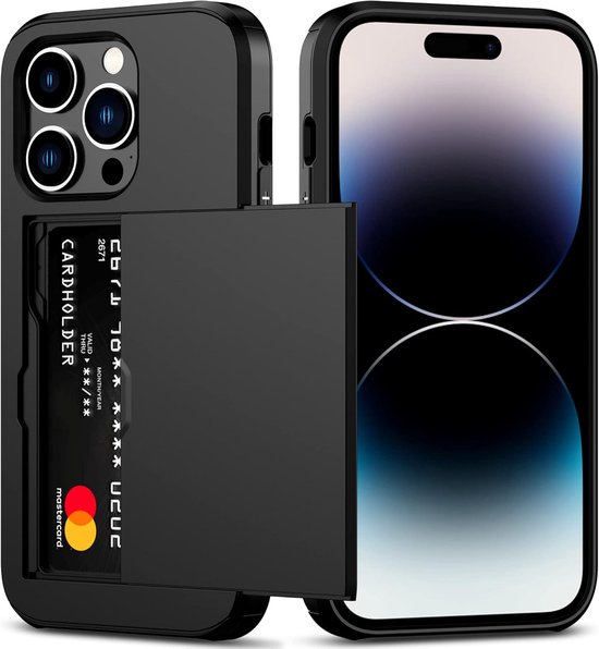 Coque de téléphone noire avec porte coulissante pour cartes et un smartphone.