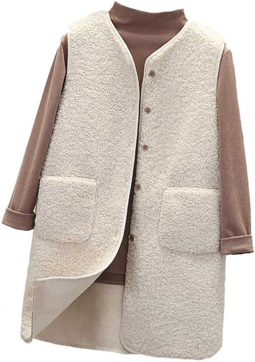 Lang Dames Gilet - Teddy Fleece Mouwloze Jas met Rits en Zakken