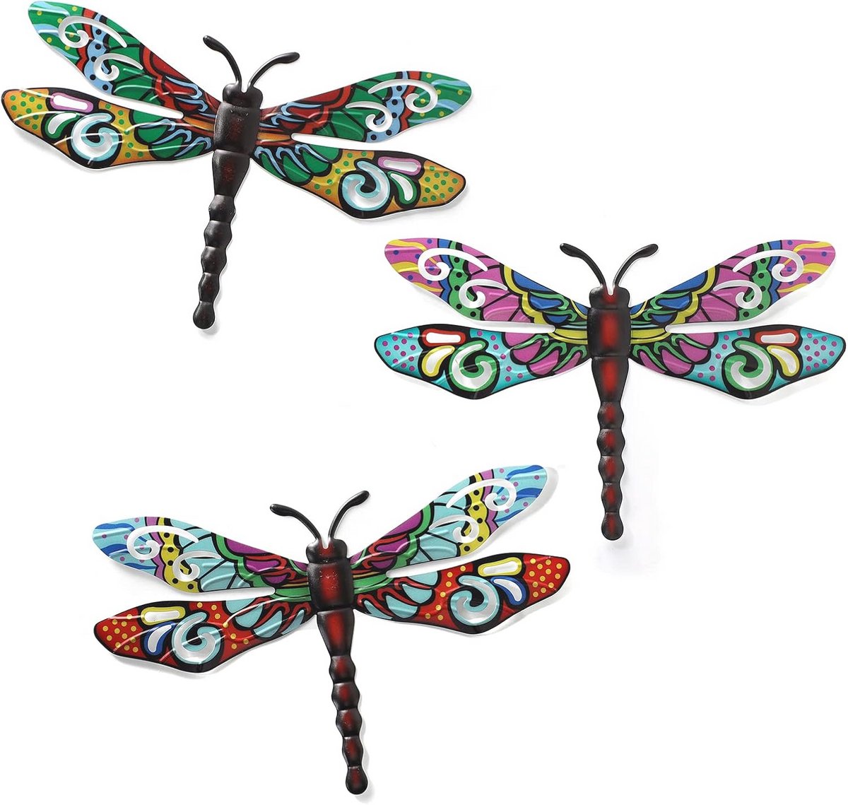 Metalen libelle wanddecoratie - Hangende muurkunst voor woonkamer, slaapkamer en terras – 3 stuks