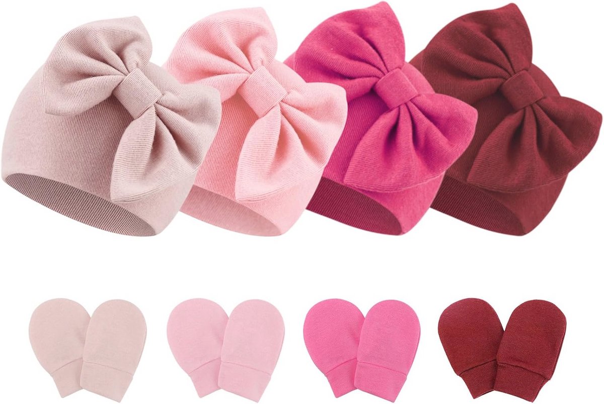 Pasgeboren Baby Hoeden en Wanten Set - Ziekenhuis Hoed Beanie met Boog en Katoenen Handschoenen voor 0-6 Maanden