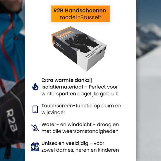 Verpakking van R2B 'Brussel' winter handschoenen met iconen voor warmte en waterdichtheid.