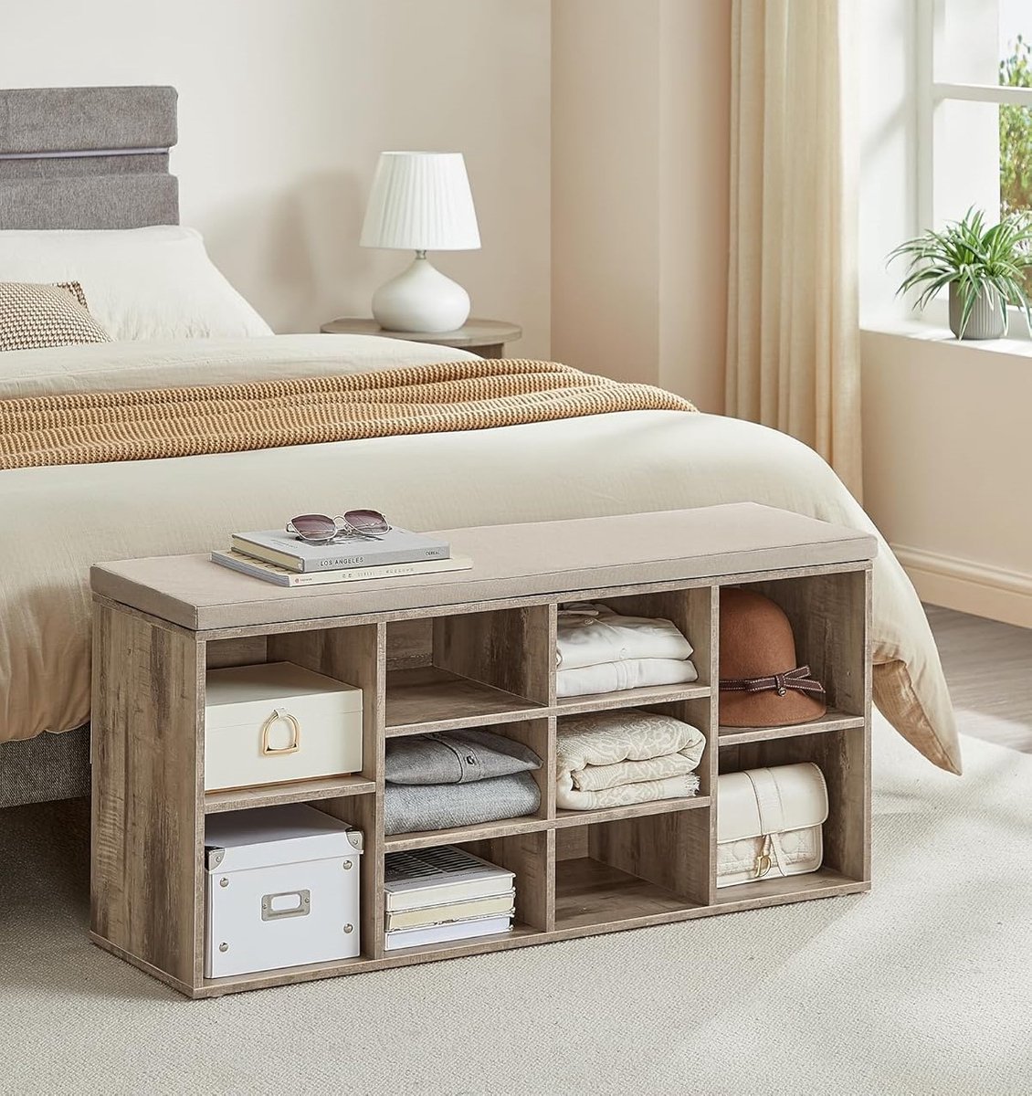 Schoenenbank met Opbergruimte Altameubel – Zitbank met 10 Vakken en Verstelbare Planken – Comfortabel Kussen – Gangbank, Halbank, Slaapkamerbank – 30 x 104 x 48 cm – Camelbruin
