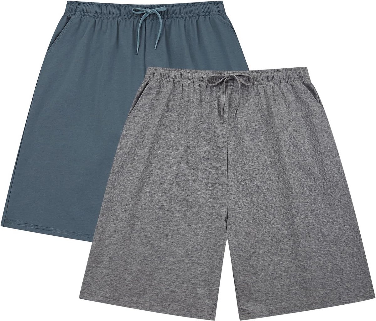 2-pack korte slaapshorts voor heren - Gebreide katoenen lounge- en nachtbroek met zakken