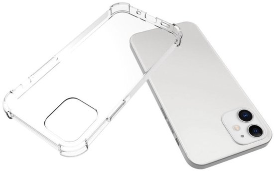 Transparante schokbestendige hoes voor iPhone 12 Mini, naast de telefoon.