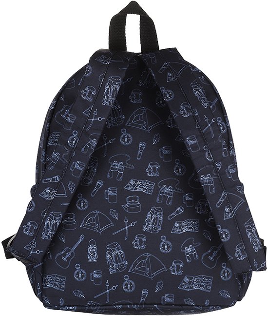Donkerblauwe rugzak met een all-over print van kampeerspullen, zoals tenten, gitaren, en kompassen.