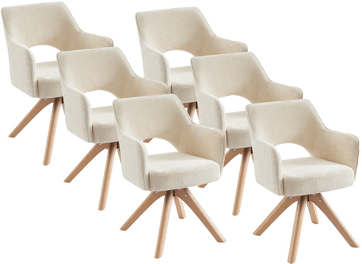 Vente-unique Set van 6 draaistoelen met armleuningen van stof en eikenhout - Crèmewit - KONYA