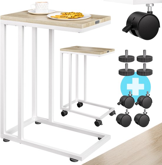 Zijtafel met een lichtbruin houten blad en wit metalen frame. Inclusief wielen en voeten.