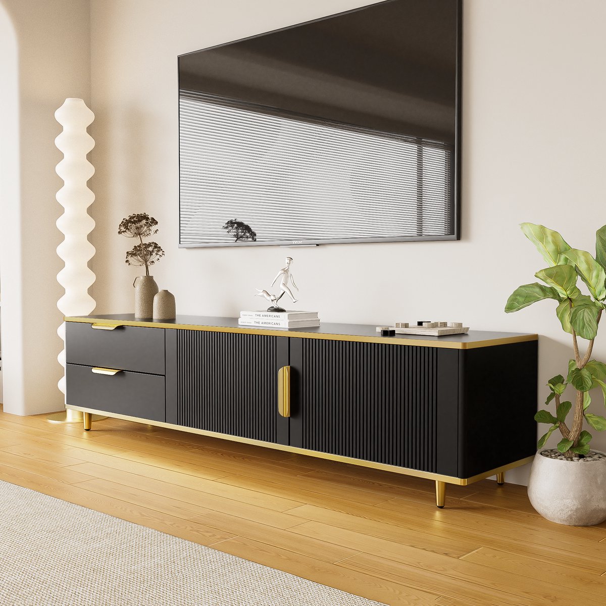 HAUSS SPOLE Lowboard - TV-Kast Met Gesneden Deuren En Gouden Grepen En Poten - 2 Lades En 2 Deuren Voor Opberging En Media - Spaanplaat - 175x40x45 cm - Zwart