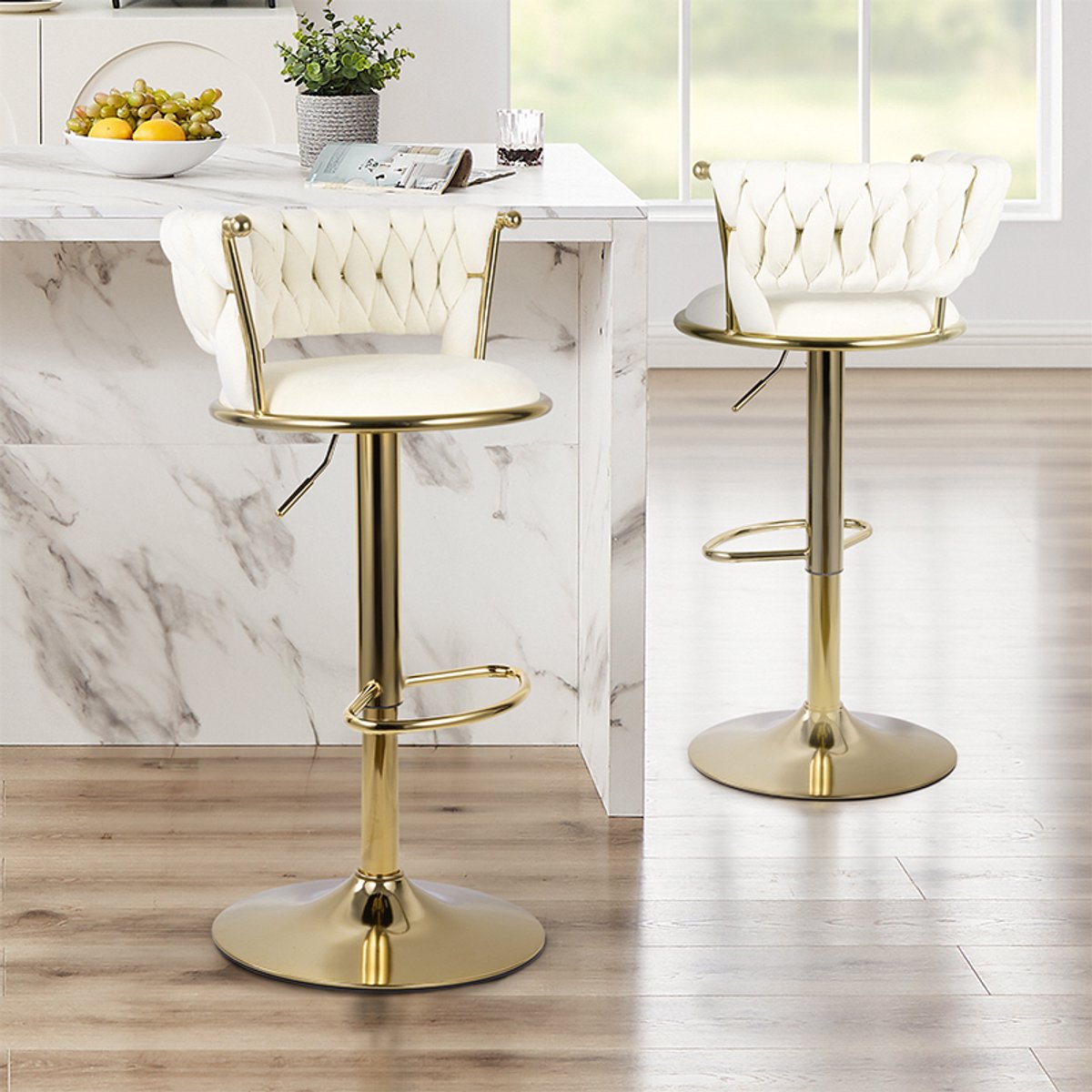 Barstoelen Set van 2, In Hoogte Verstelbaar en Draaibaar, Barstoel met Rugleuning, Fluwelen Zitting, Met Voetensteun, Keuken Barstoelen,Beige