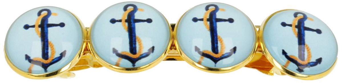 Haarsoires Haarspeld Patentspeld 8cm - Cirkel - Maritiem Anker Patroon - Goud Blauw - Haarspelden voor Dames - Haarklem - Haarclip - Haaraccessoires - Hair Clip - Decoratieve Haaraccessoire