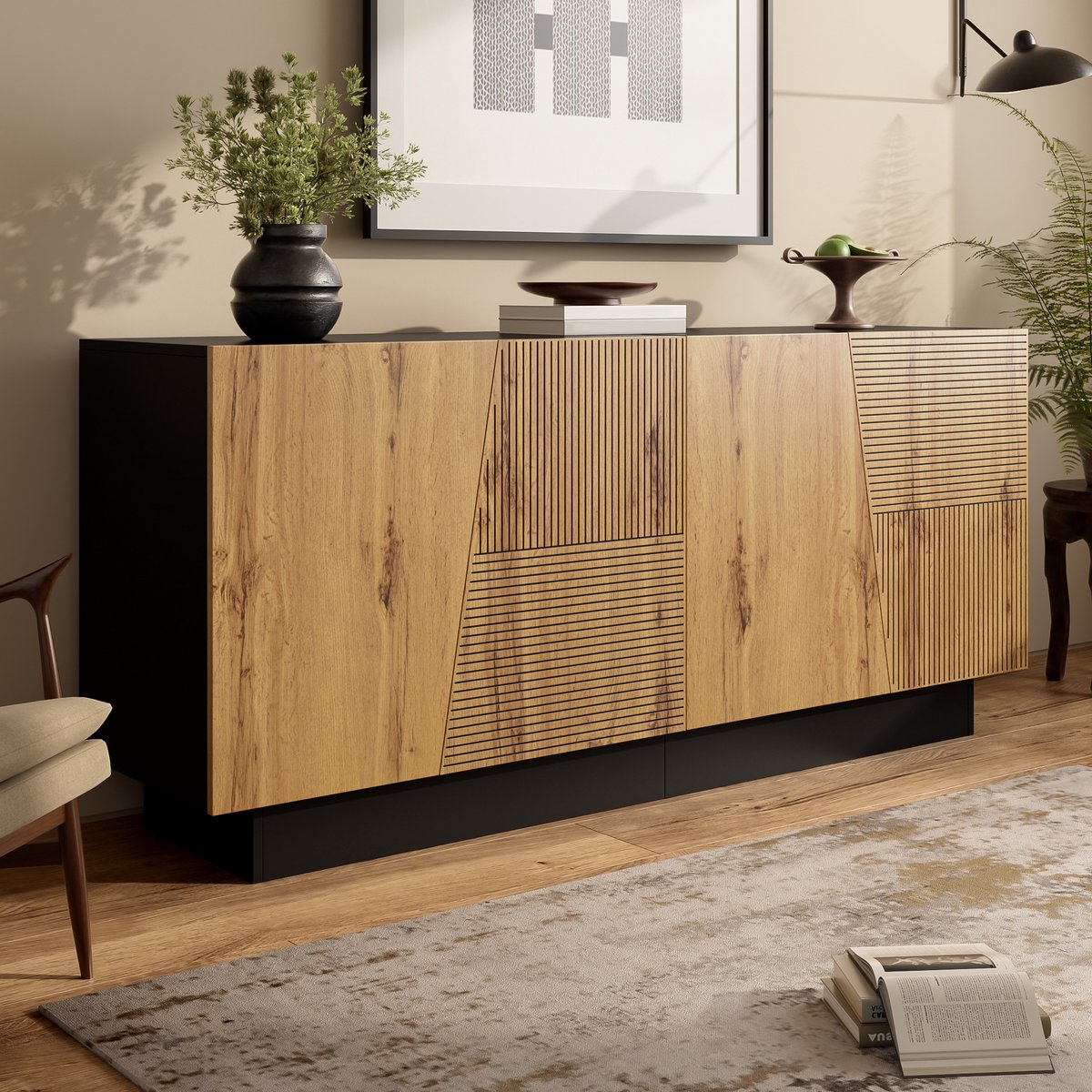 OKWISH Dressoir – Geometrische Fronten – 160x40x72 cm – Verstelbare Legplank – Groot Opbergruimte Voor Woonkamer & Hal – Zwart+Bruin Houtkleur