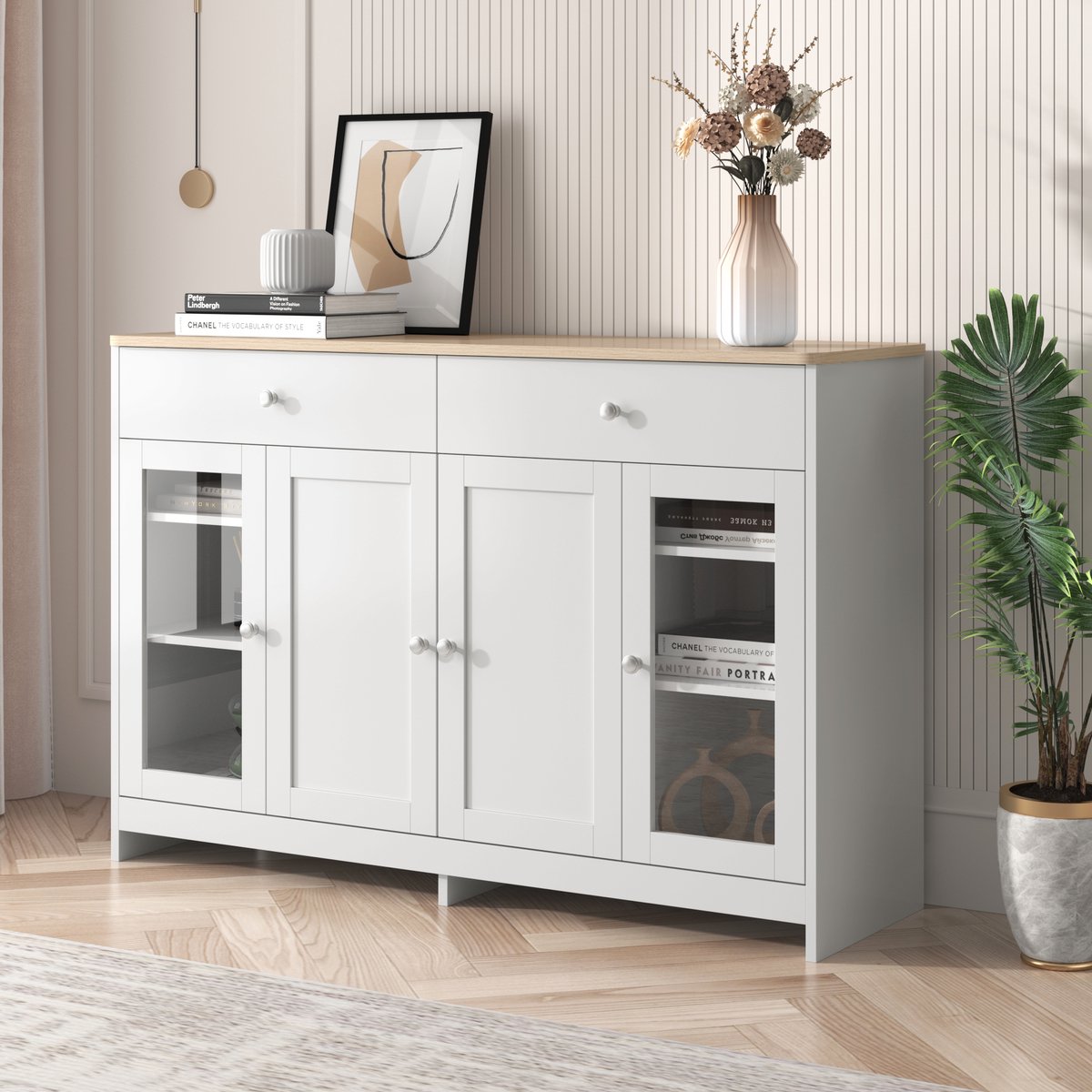 OKWISH Buffetkast – Dressoir Met Houtkleurig Bovenblad – 120×37×80 cm – 4 Deuren – 2 Laden – Verstelbare Legplanken – Wit+Houtkleur – MDF – Zilveren Grepen