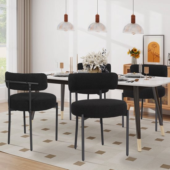 Puluomis Eetkamerstoelen - Set van 4 - Teddy Fleece - Lamsvacht - Metalen poten - Stoelen - Zwart - Gevoerde zitkussens - Gebogen rugleuning