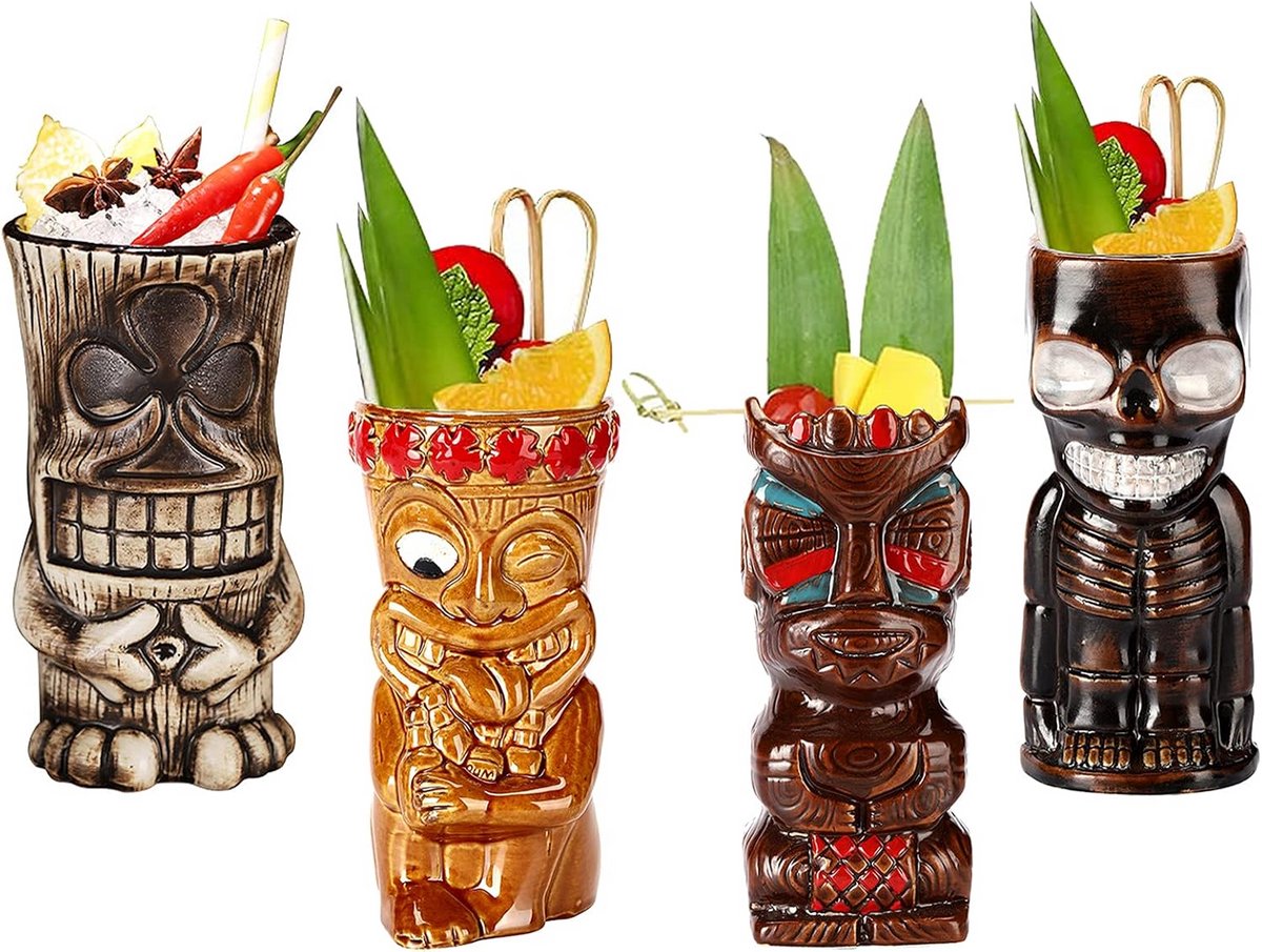 Set van 4 Keramische Tiki Mokken voor Tropische Cocktailfeesten