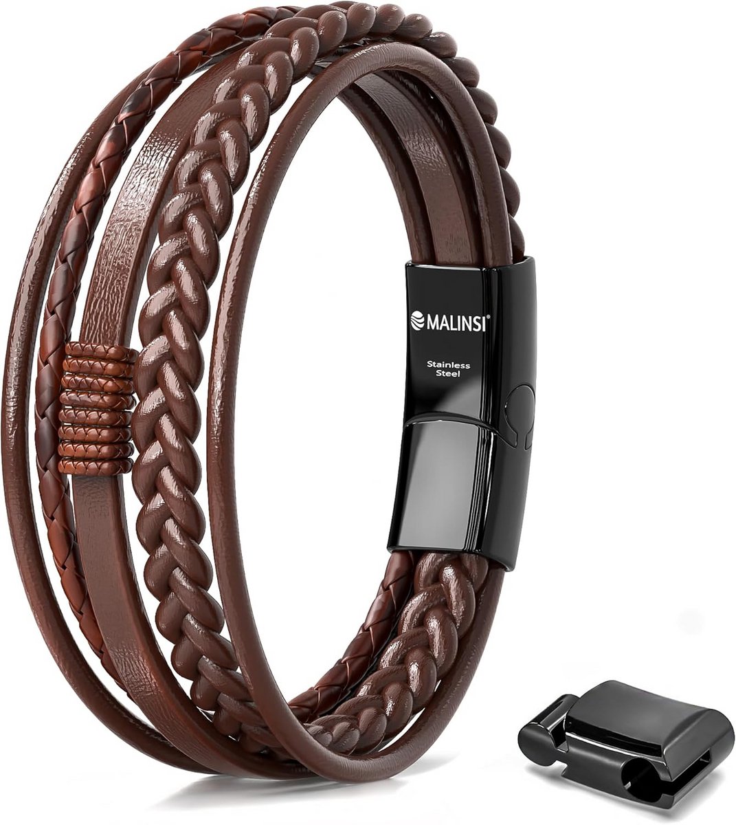 Heren Armband Leder en RVS - Zwarte Koorden - Verstelbaar 20-22 cm