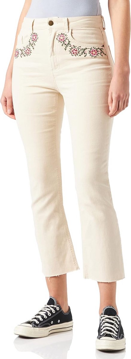 Hoog getailleerde dames jeans met uitlopende pijp en geborduurde bloemen