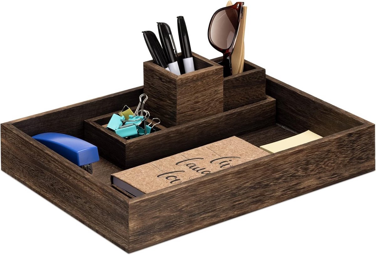 Set van 5 houten bureau-organizers voor opbergen van kantoorbenodigdheden