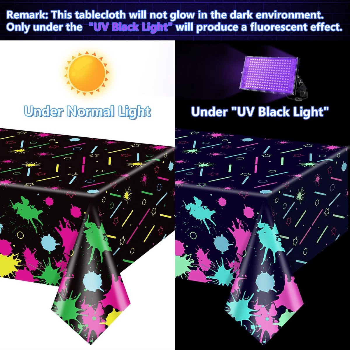 Gloeiparty Tafelkleden Set van 4, Neon Effect, Geschikt voor Blacklight Feesten