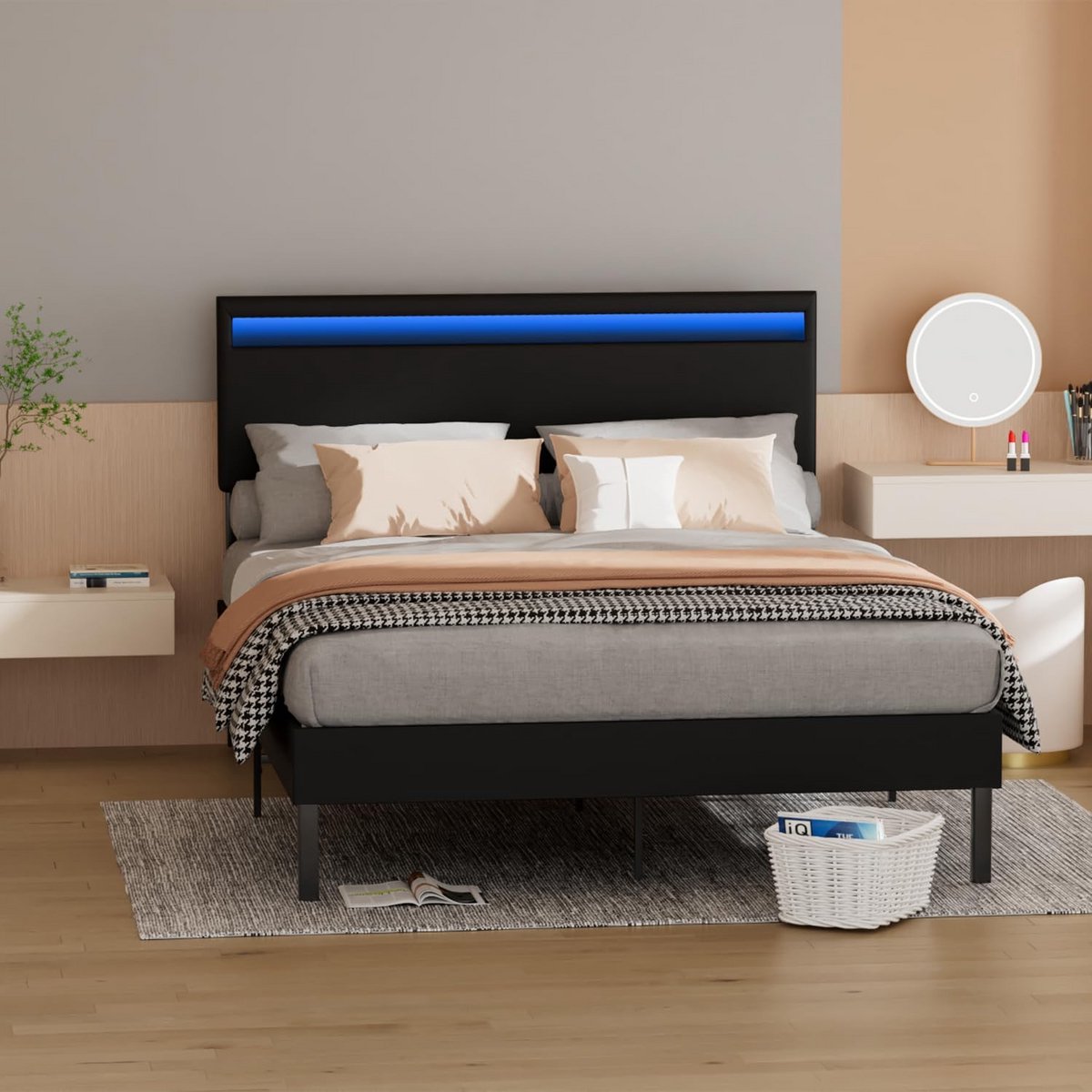 Gestoffeerd Tweepersoonsbed 140x200 cm met LED Verlichting en Hoofdeinde