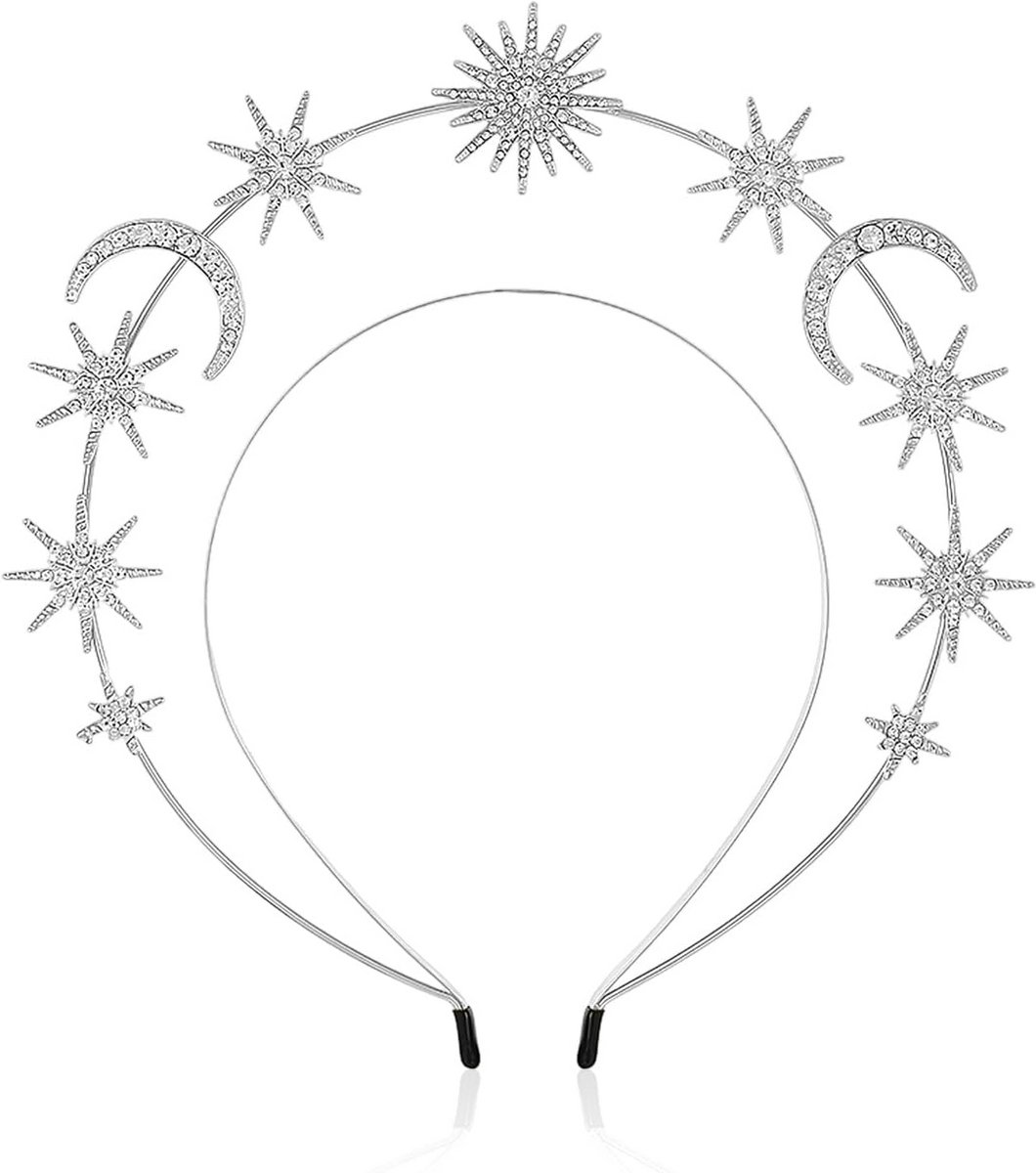 Zilveren Ster en Maan Hoofdband met Strass Kristallen - Feestelijk Haaraccessoire