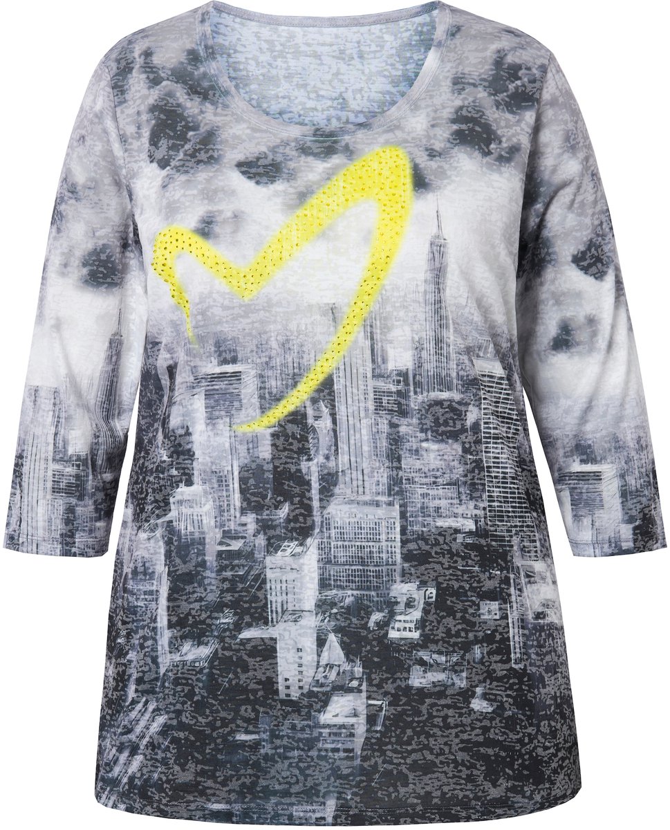 MIAMODA - Dames - T-shirt skyline print met hart 3/4-mouwen - Limoen - Maat 46