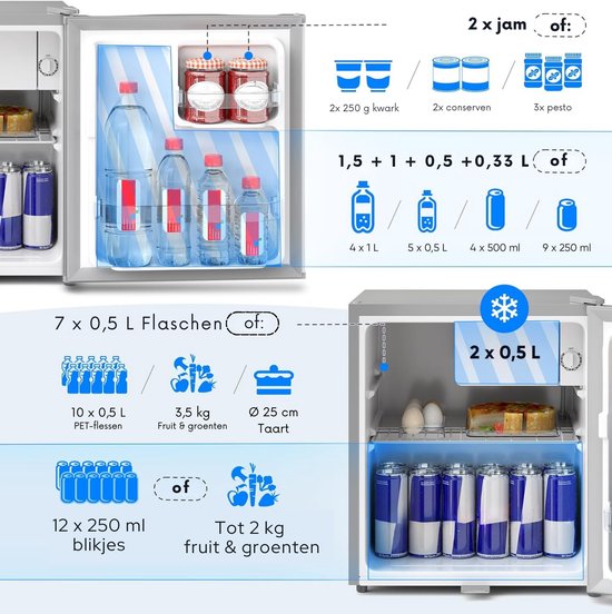 Stillstern Mini Koelkast 45L – Minibar met Vriesvak – Stille Koelkast met Slot en Automatische Ontdooiing – Tafelmodel – Zilver van Stillstern — afbeelding 4