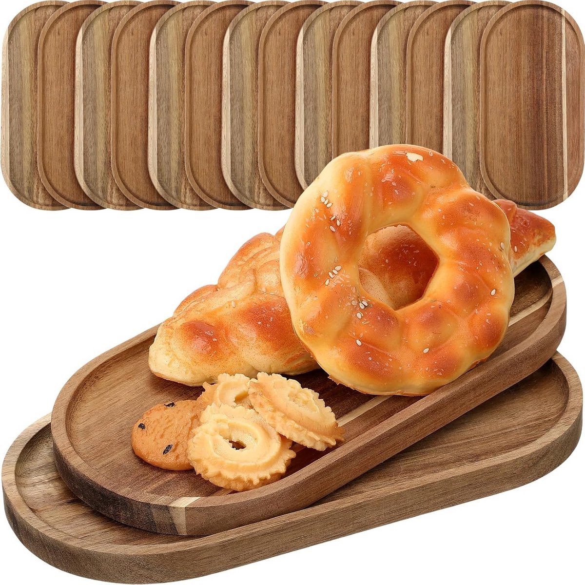 Acaciahouten Dienblad Set - 18 Ovale Houten Dienbladen 25,5 x 15,5 cm - Serveren van Fruit, Kaas, Dessert, Voorgerechten, Groenten, Charcuterie, BBQ en Feesten
