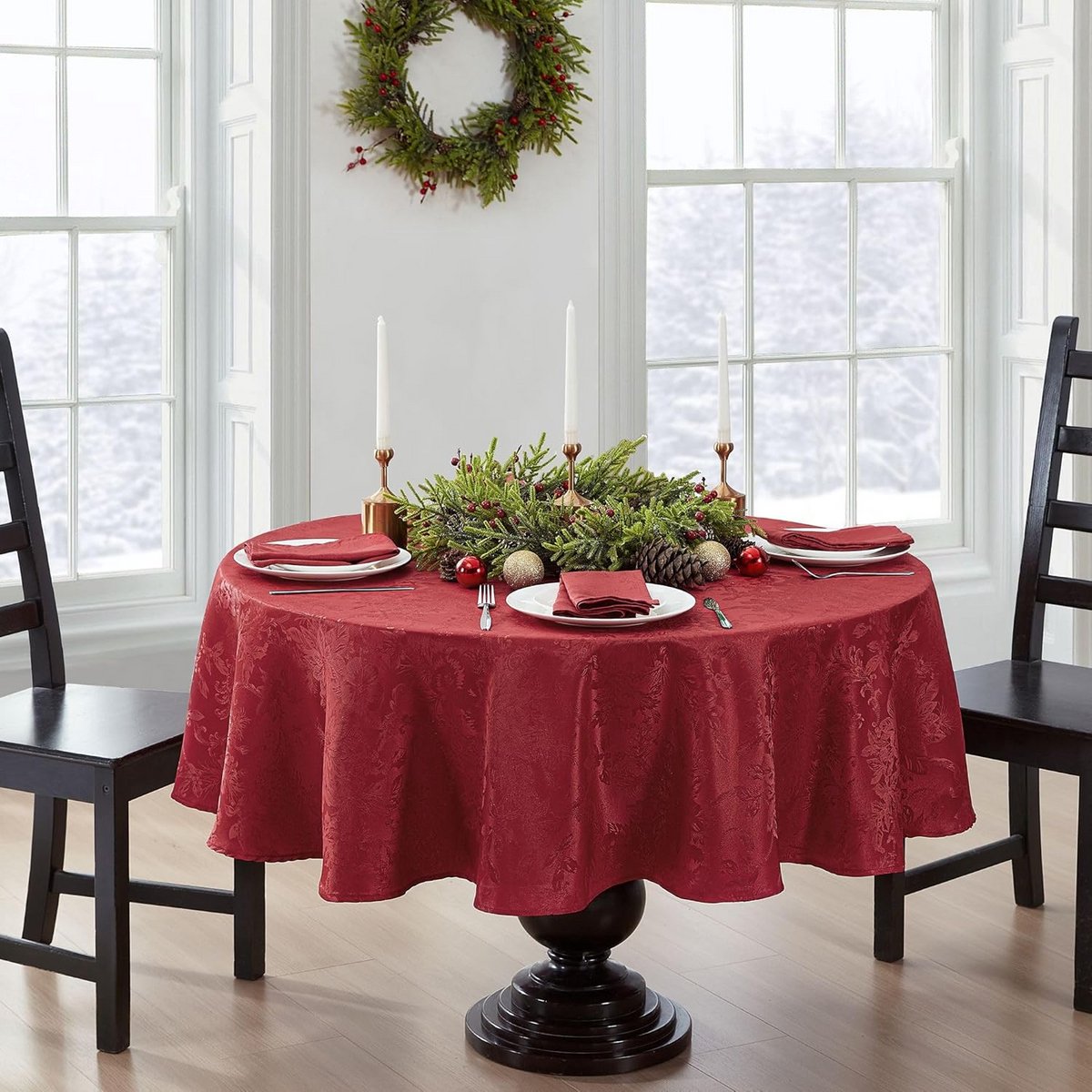 Rood Jacquard Tafelkleed Rond Waterafstotend Vlekbestendig Feestelijk Kerstontwerp
