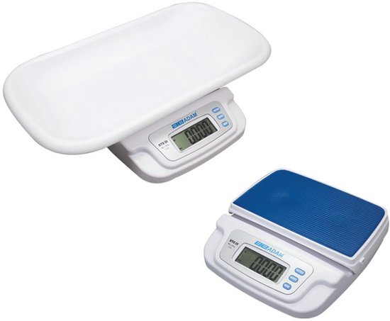 Deux balances numériques : une balance bébé blanche et une balance blanche avec tapis bleu.