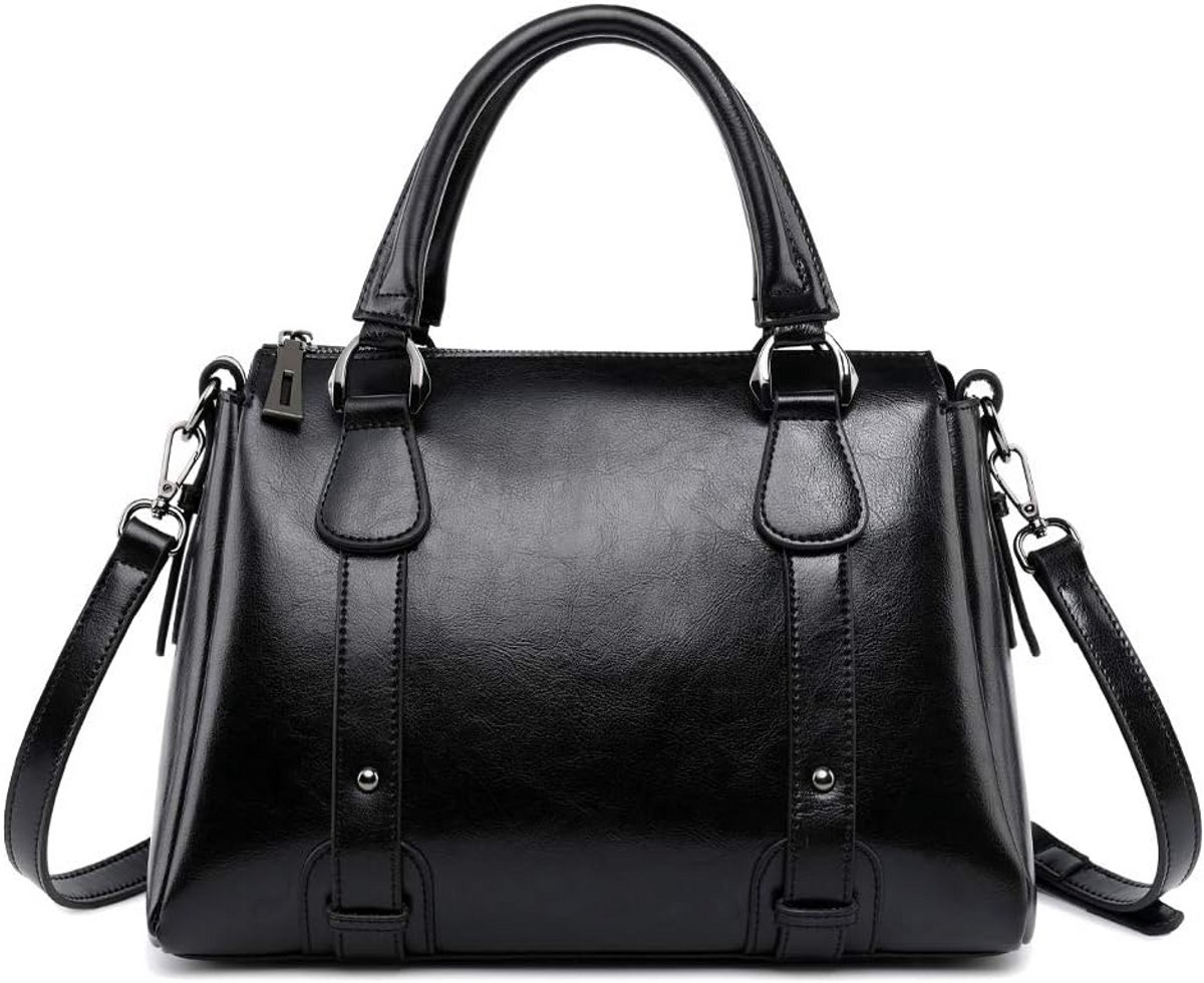 Dames Handtas Leer Zwart – Boston Schoudertas met Korte Handvatten en Crossbody Optie