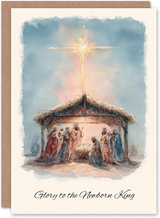 Een kerstkaart met een aquarel van de kerststal met de tekst 'Glory to the Newborn King'.