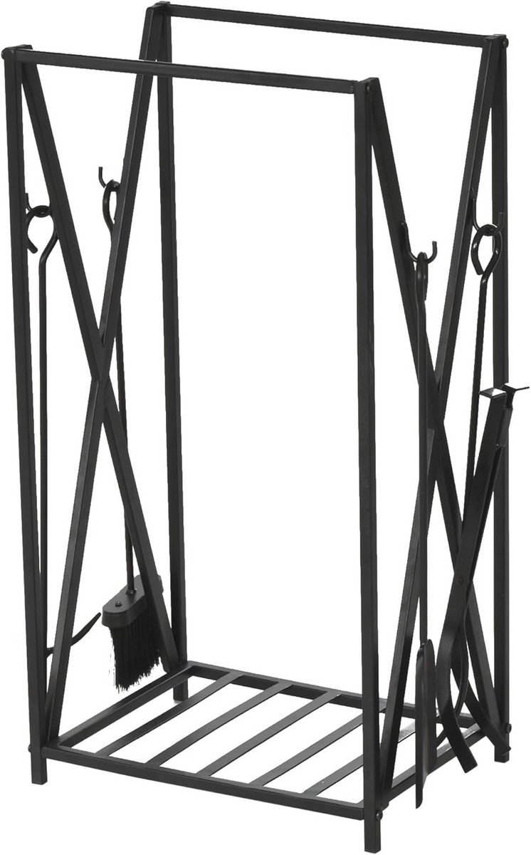 Houthouder met Multi-accessoires voor Open Haard - Staal, Zwart 46x30x76 cm