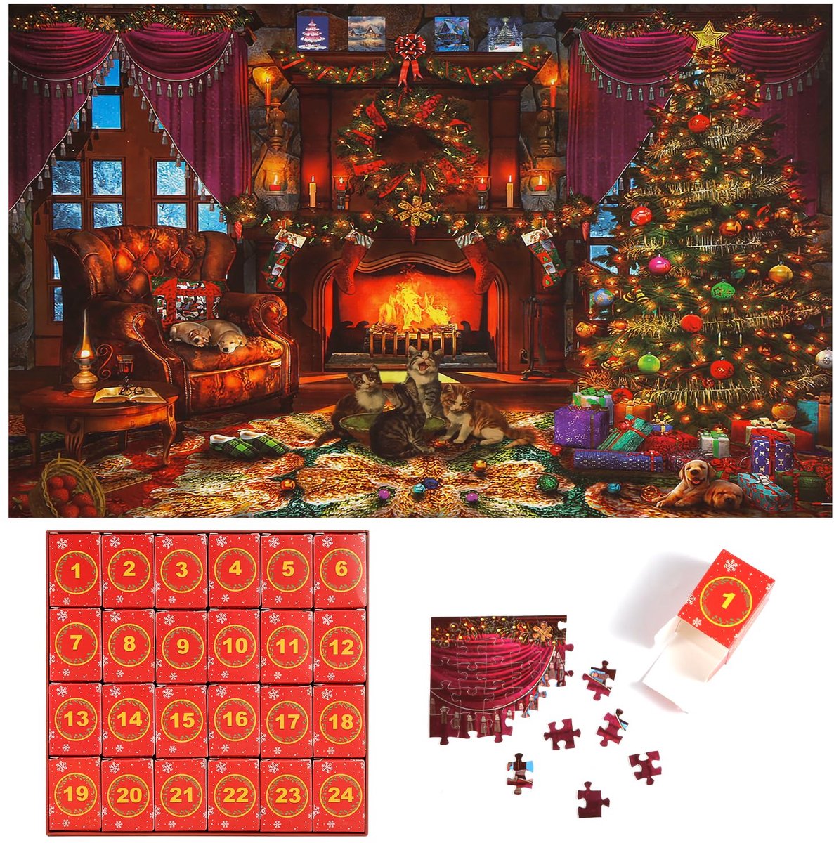 Christmas Advent Calendar Puzzles 70 x 50cm, 24 Boxes 1008pcs Puzzles for Christmas Countdown, Home Decoration, Kids, Adults, Gifts, Cat Style
