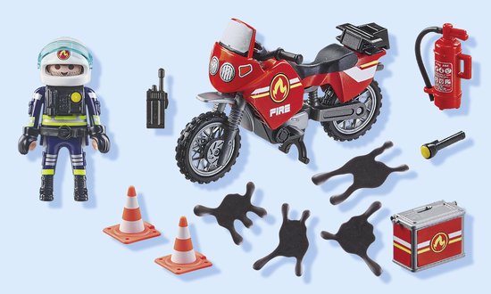 Playmobil set met brandweerman, rode motor, brandblusser, radio, kegels en olievlekken.