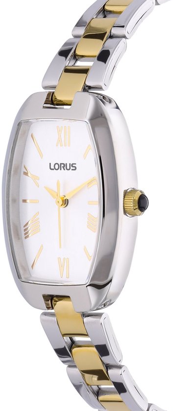 Gouden en zilverkleurig horloge met witte wijzerplaat, Romeinse cijfers en gouden kroon met zwarte steen.