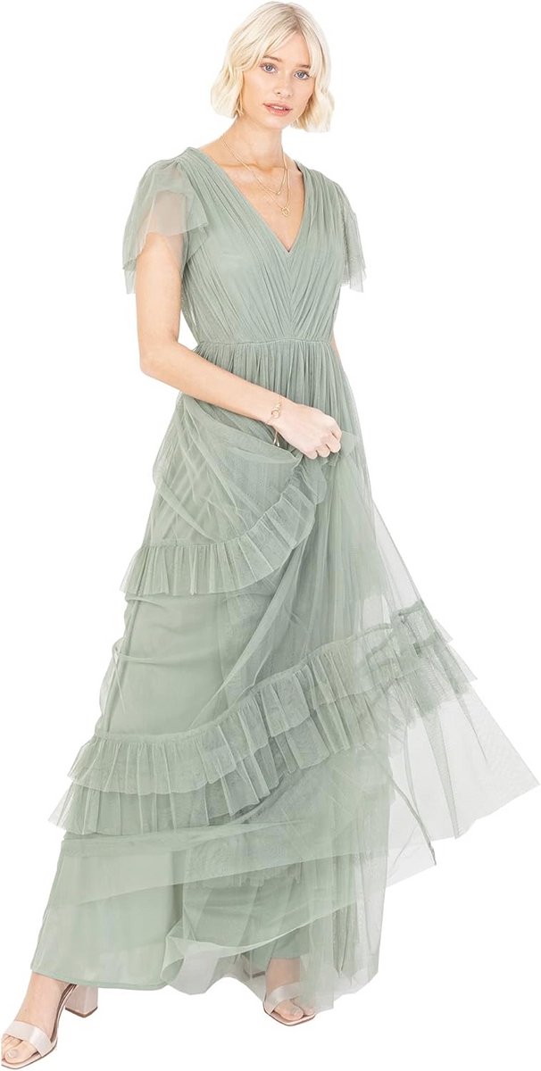 Maxi-jurk voor dames met korte mouwen - Gelaagde V-hals en vlinderdas - Bruidsmeisje en gala kleding - Frosted Groen, Maat 38