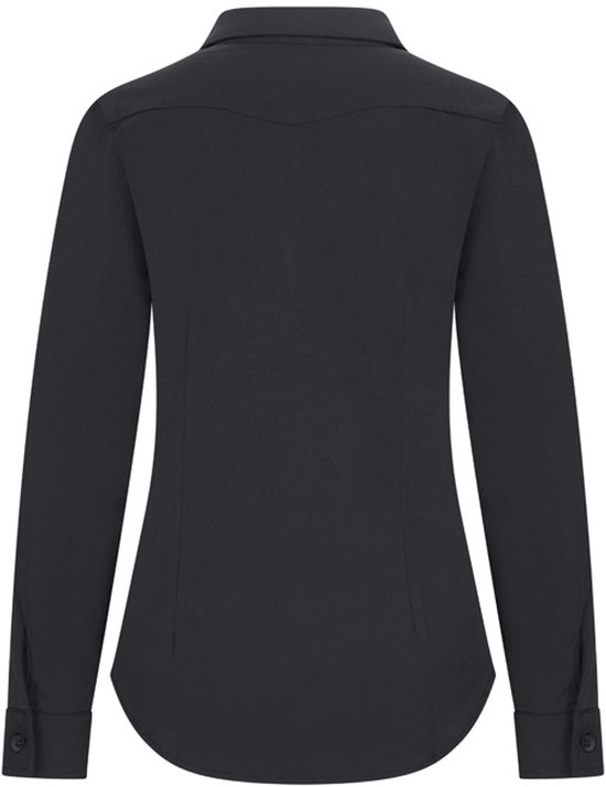 Zwarte blouse met lange mouwen en knoopsluiting, achterkant.