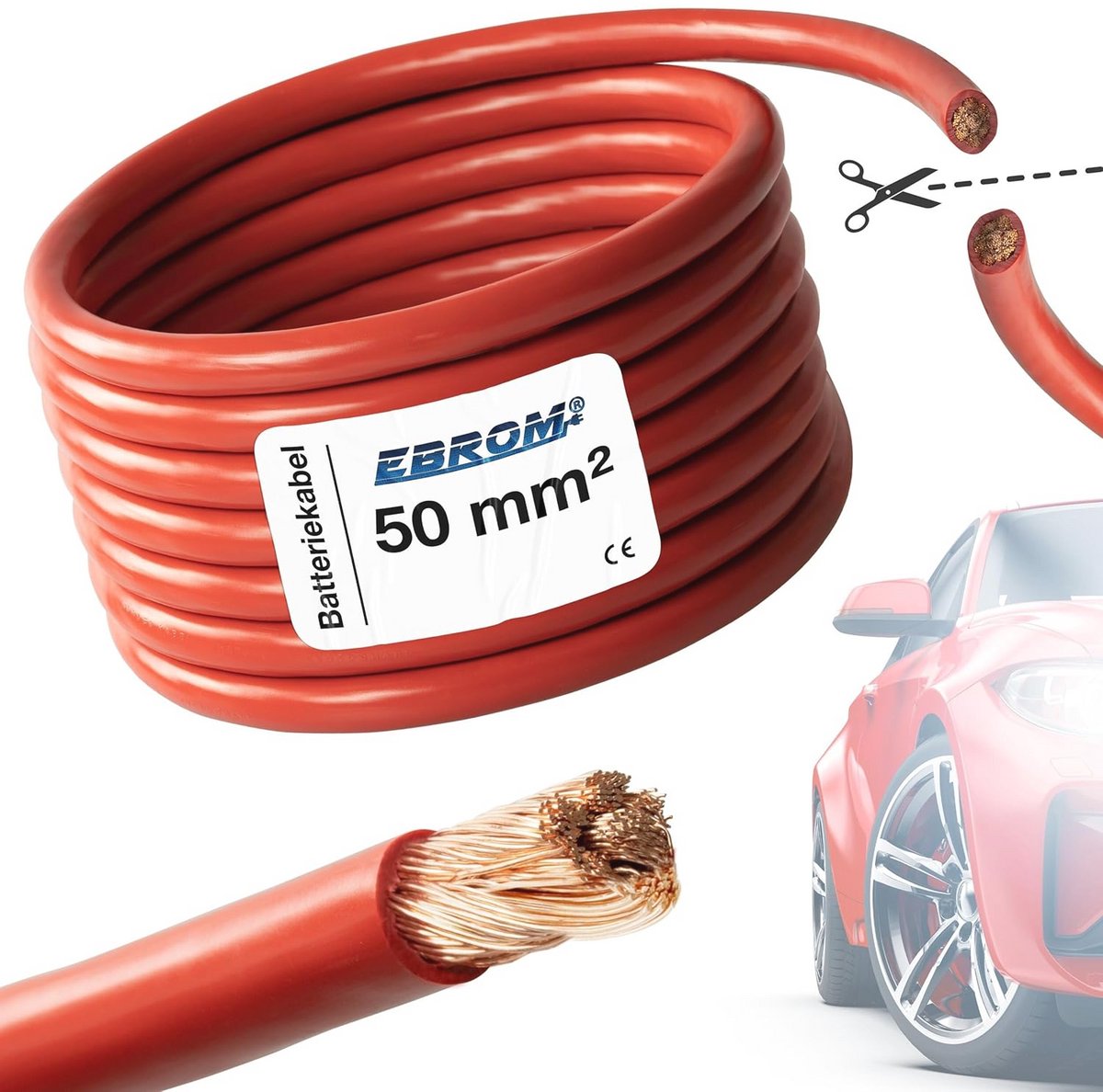 Flexibele voertuigkabel 50 mm² - Rood accukabel - Hoogwaardige starterkabel met 99,99% koper - Ook voor caravans en motorfietsen