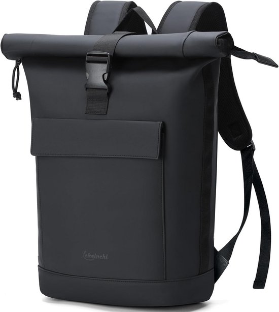 LETO Rolltop Rugzak voor dames en heren, uniseks, waterdicht, rolrugzak met laptopvak, reisrugzak, elegante reisrugzak voor universiteit, zakelijk, werk, stad, reizen, wandelen, zwart, 41cmX28cmX11cm