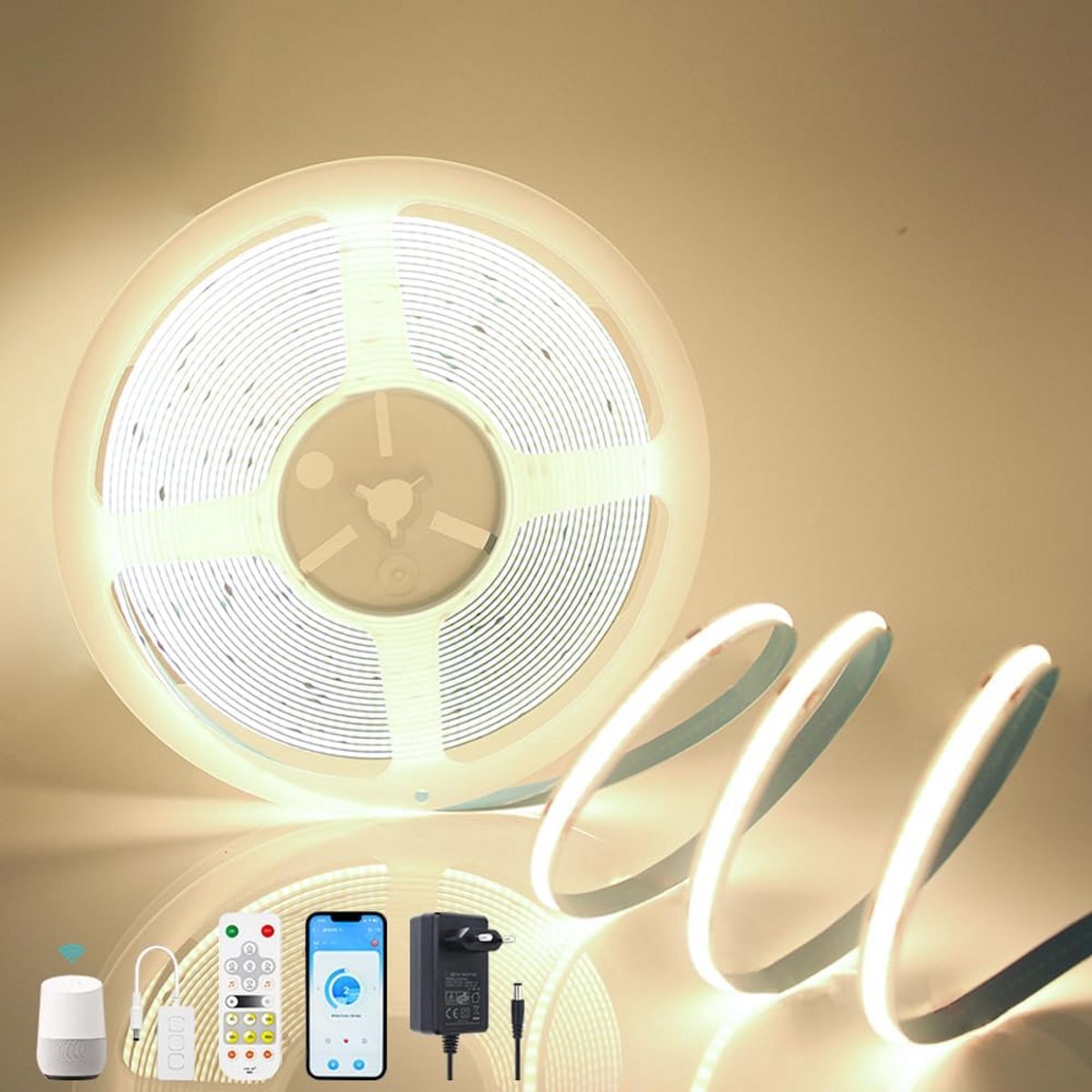 Dimbare 12V COB LED Strip 4000K - Slimme App & Alexa Besturing - 5m LED Strip voor Keuken, Badkamer en Slaapkamer